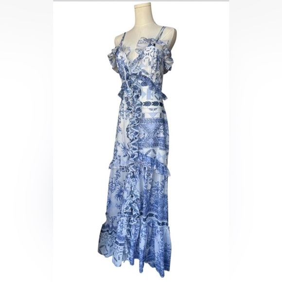 PatBO Amalfi Convertible White/Blue Printed Ruffle Chiffon Maxi Dress Size XS - Picture 3 of 17
